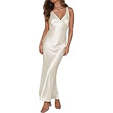 Womens Elegant Satin V Neck Backless Sleeveless Maxi Dress Silk Tie Low Back Formal Cocktail Dresses Wedding Guest