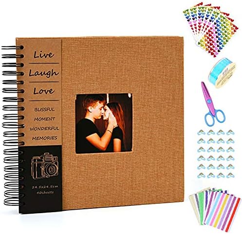 Anleymu Scrapbook Linen Cover, Photo Album with Photo Opening, Guest Book for Valentines Day, Wedding, DIY Anniversary Travel Memory Scrapbooking with Scrapbook Accessories (Brown, 12x12 inch)