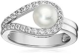 Platinum-Plated Sterling Silver Cubic Zirconia Freshwater Cultured Pearl Ring, Size 9