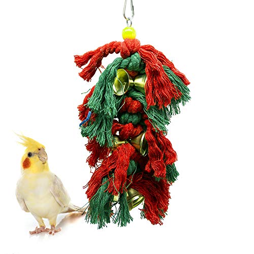 Parrot Cage Toys, Wooden Bird Chew Toys with Natural Wood Block Swing Toys with Colorful Bell and Safe Cotton Rope for Budgies Parakeet Cockatiels Cockatoo Conure Lovebirds Pecking and Chewing