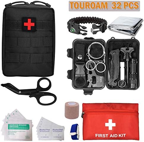 TOUROAM Adventure Survival Kit, SOS First Aid Emergency Kit, Tactical IFAK,MOLLE Admin Pouch-Mylar Blanket-5 In 1 Bracelet and Military Multitool Kit