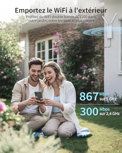 BrosTrend AC1200 Repeteur WiFi Extérieur Longue Portée avec Port POE Gigabit, Amplificateur Sans Fil Exterieur Double Bande 867Mbps 5GHz & 300Mbps 2,4GHz, IP65, Répéteur WiFi pour Jardin, Yard, Caméra
