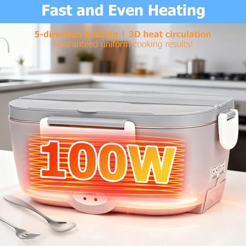 ZWOOS® 100W Scaldavivande Elettrico Portatile 12V 24V 220V Scalda Vivande Elettrico con Borsa Forchetta e Cucchiaio per Auto Camion e Ufficio Schiscetta Pranzo Riscaldabile 2 Contenitori Acciaio Inox