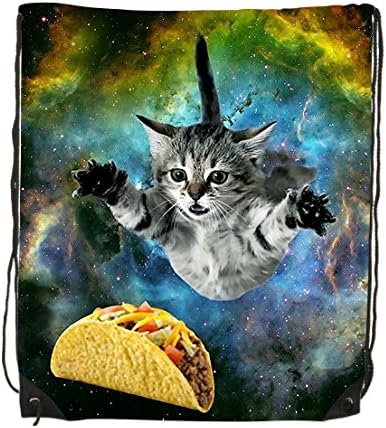 Curious Cat Flying Through Space Reaching For A Taco Unisex Gym Drawstring Shoulder Bag Backpack Travel Bag Bags Backpack String Bags School Rucksack Gym Handbag