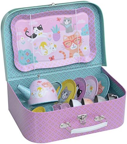 Jewelkeeper 15 Piece Kids Tin Tea Set & Carrying Case - Cat Design
