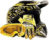 Adult Offroad Helmet Goggles Gloves Gear Combo DOT Motocross ATV Dirt Bike MX Black Yellow Splatter ( Small )