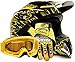 Adult Offroad Helmet Goggles Gloves Gear Combo DOT Motocross ATV Dirt Bike MX Black Yellow Splatter ( Small )