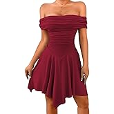 ChiaoLezhee Women's Off Shoulder Ruched Mini Dress, Drop Waist Semi Formal Dresses for Graduation Cocktail Homecoming Party