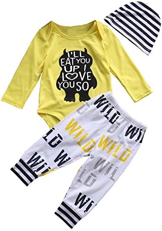 Tomfree Baby Boys Girls Wild Love You So Much Funny Bodysuits Pants Hat 3pcs Outfits (18-24M, Yellow)