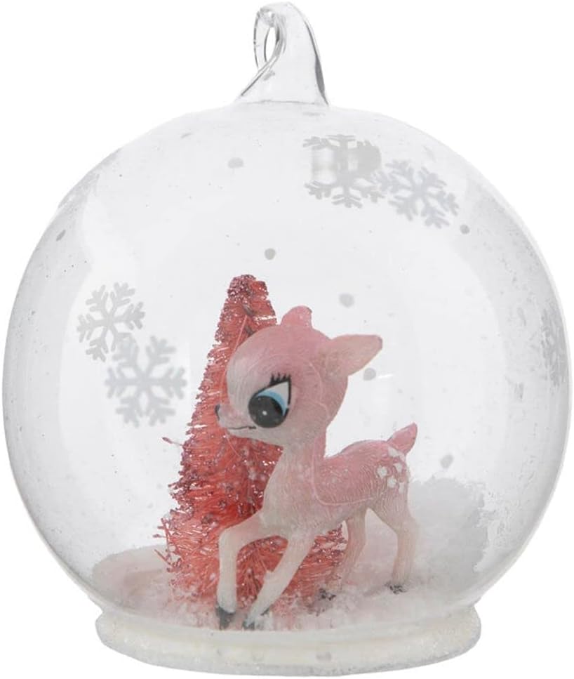 Snow Globes - Vintage Reindeer Snowglobe Christmas Ornament with Snowflakes, Retro Winter Wonderland Décor - Mid-Century Modern Holiday Collection (Glass Globe) by Christmas Market Ornaments (Pink Deer)