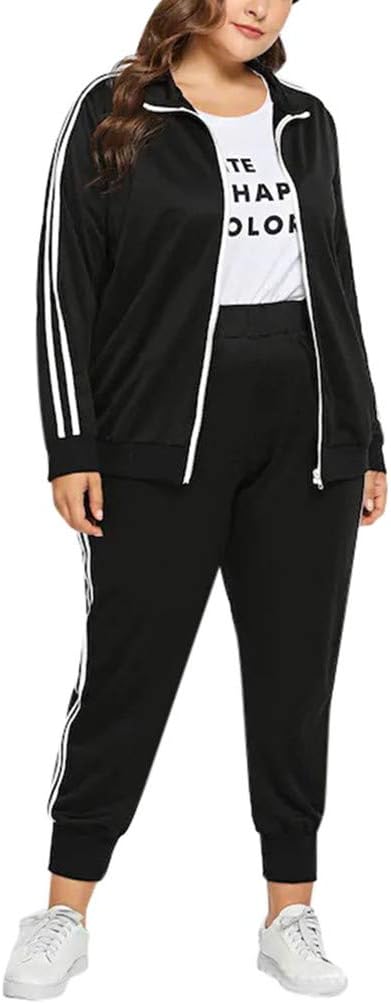 Plus Size UK 14-18 2 pcs Tracksuit for Women Winter Solid Color Stripe Zipper Jacket Tops+ High Waist Long Running Pants Ladies Loungewear Outdoor Sports Suit Sportswear Jogging Suit