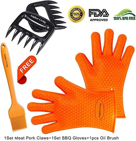 ANGKOR LIVING Best Silicone BBQ Gloves Set - Heat Resistant Grilling Gloves / Oven Mitts, Meat Shredder Bear Claws and Basting Brush for Cooking, Grilling, Baking and Barbecue