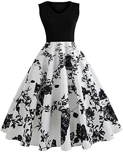 Quellfluss Women's Sleeveless Vintage Swing Casual Party Dress Floral Maxi Cocktail Evening Dress with Belt