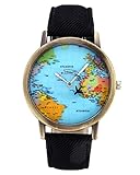 Top Plaza Rotating Airplane World Map Watch Unisex Retro Bronze Case Black PU Leather Band Quartz Watch