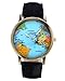 Top Plaza Rotating Airplane World Map Watch Unisex Retro Bronze Case Black PU Leather Band Quartz Watch
