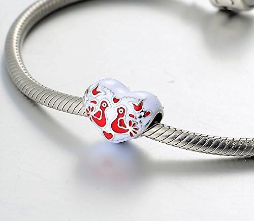 Lovebirds Red & White Enamel Heart Sterling Silver Charm Bead S925, Folk Inspired Love Heart Enamel charm, Folk Art inspired Charm Bead pendant, Folklore Jewelry, fits Pandora