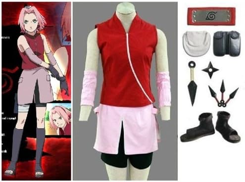 SUNKEE Naruto Sakura Haruno Cosplay Costume 2nd,costume + headband + Naruto shoes+props , Size S (Fit for Height 5'-5'3,Weight 90-100 Pounds)