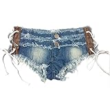 Soojun Women's Low Rise Side Straps Cheeky Mini Denim Shorts Clubwear, US 4-6, Style 1