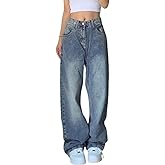 EMMIOL Women Baggy Jeans Mid-Low Waist Boyfriend Streetwear Vintage Jeans Wide Leg Denim Pants