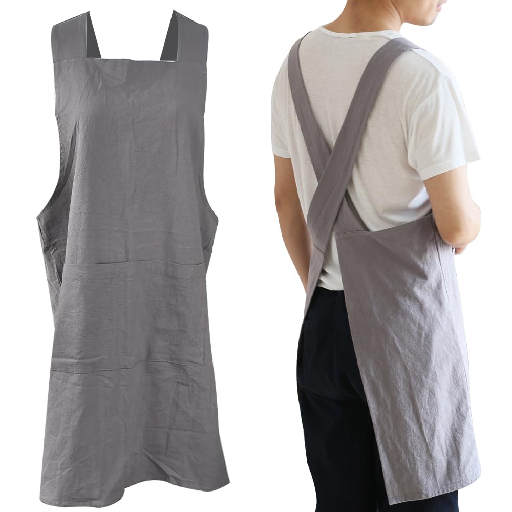 KITERI Cotton Linen Apron for Women, Japanese Style Apron with Pockets No-ties Cross Back Apron Kitchen Apron Plain Halter Cross Bandage Pinafore for Flower Shop Coffee Shop Cooking Gardening, Gray