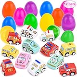 ROOYA BABY Pull Back Car Toys for 3 Year Old Boys,12 Sets Mini Car Toys Prefilled Plastic Surprise Eggs Pull Back Vehicles for Kids Toddlers Girls