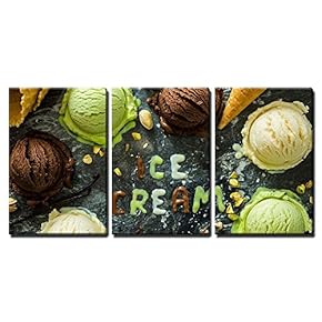 3 Piece Canvas Wall Art - Selection of Colorful Ice Cream Scoops in White Bowls, Copy Space - Modern Home Art Stretched and Framed Ready to Hang - 16"x24"x3 Panels