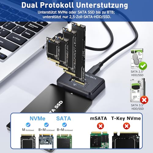 M.2 NVMe and SATA Hard Drive Docking Station Supports 2.5 Inch HDD/SSD, 10Gbps NVMe USB Adapter for M-Key B+M Key, USB 3.2 Gen2 Dual Protocol M2 SSD Enclosure for 2230 2242 2260 2280 SSD