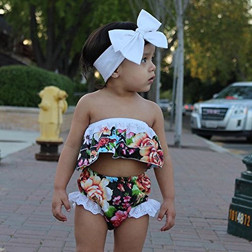 CaNIS Newborn Baby Girls Strapless Lace Ruffle Floral Tube Top and Shorts Outfit with Headband (18-24M, Black) - Thumbnail 2