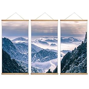 3 Panel Hanging Poster with Wood Frames - Landscape of Majestic Mountains - Ready to Hang Decorative Wall Art - 18"x36" x 3 Panels