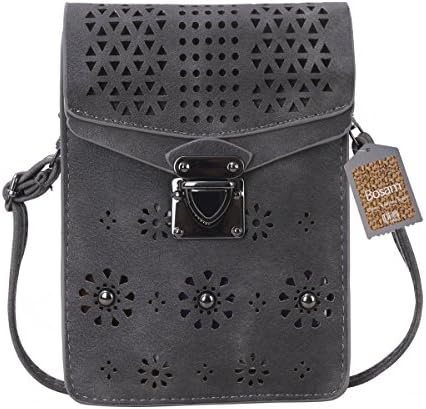 Bosam Faux Leather Woman crossbody Bag with Hollow Texture Phone Pouch Purse for Gril (Grey)