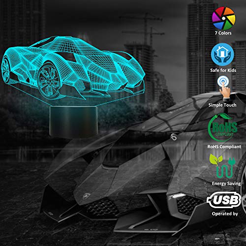 Kids 3D Night Light Car Illusion Lamp, Baby Nursery Vehicle Nightlight for Child Room Home Décor Xmas Holiday Birthday Gifts with Remote Control & 7 Color Changing - Thumbnail 2