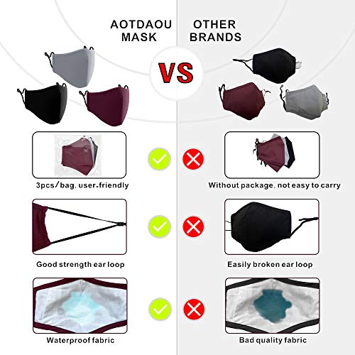 Cloth Face Mask Washable, Reusable Cotton Face Masks Adjustable for Women Adult Men, Unisex Face Coverings - Breathable Comfortable No Fog Colored Mask 3 Pack - Black, Gray, Burgundy