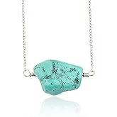 Gemkora Natural Real Tibetan Turquoise Crystals Pendant Necklace, Polished Rough, Birthstone, Tumbled Raw Gemstone, Silver Plated Brass Jewelry 18 inch