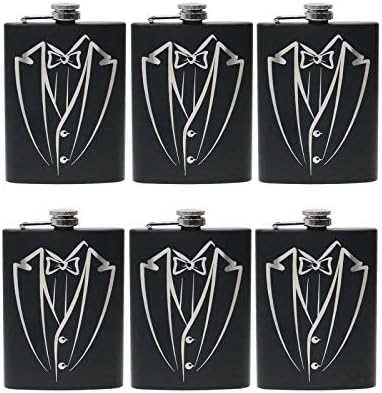 Vranky 6 Pack Groom, Bestman, Groomsman, Bachelor Party Stainless Steel Hip Black Tuxedo Flask 8oz