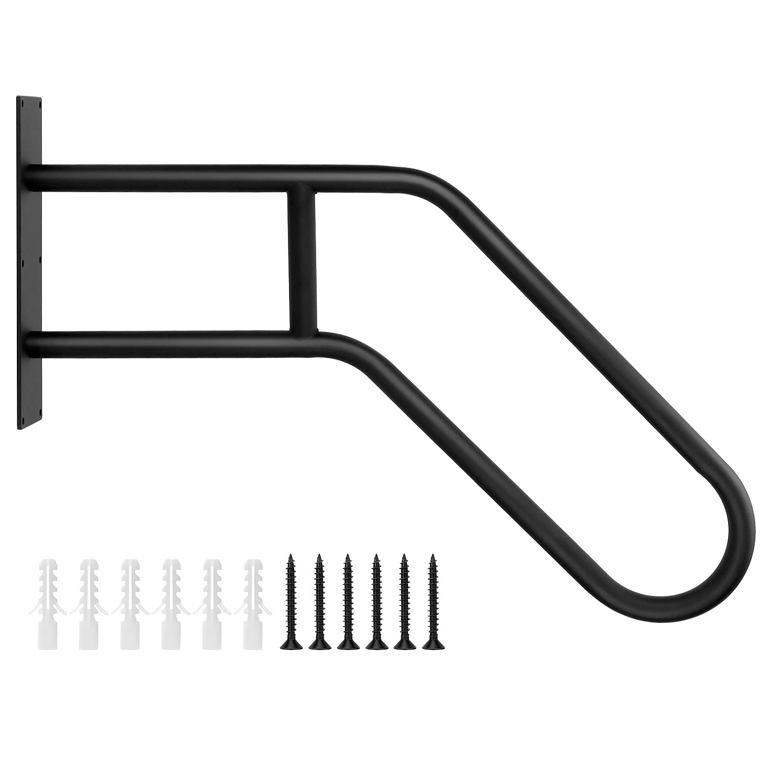 QWORK® 66cm Outdoor Safety Handrails, 1-3 Steps Wall Mount Hand Rail, U-Shape Safety Handle, for Gardens, Hotels, Schools, Porch Entry, Black