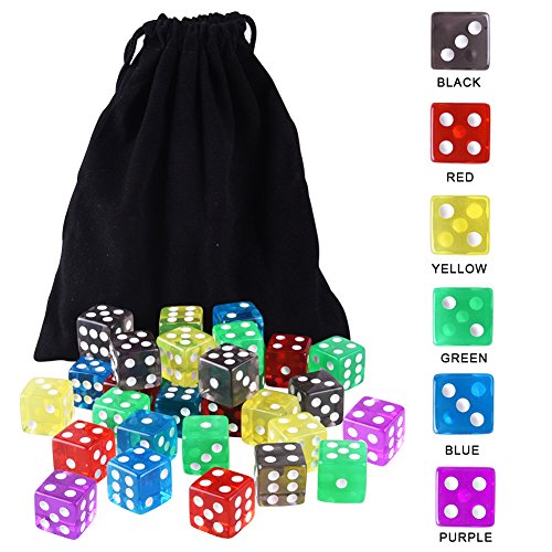 AUSTOR 50 Pieces Game Dice Set (Free Pouch), 5 Translucent Colors Square Corner Dice for Tenzi, Farkle, Yahtzee, Bunco or Teaching Math