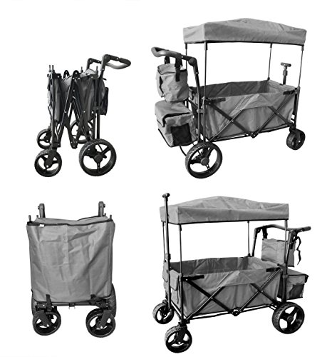 GREY PUSH AND PULL HANDLE WITH WIDE OFF ROAD ALL TERRAIN TIRES BEACH OUTDOOR SPORT COLLAPSIBLE FOLDING STROLLER WAGON BABY TROLLEY W/CANOPY GARDEN UTILITY SHOPPING TRAVEL CARTFREE CARRYING BAG