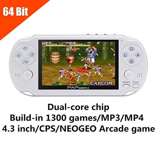 JXD 4.3 Inch Dual-core chip Handheld Game Console Support CP1/CP2/NEOGEO/GBA/GBC /GB/SFC/FC/SEGA/SMC Games build-in 1300 Games 64Bit Portable Console Game with MP5