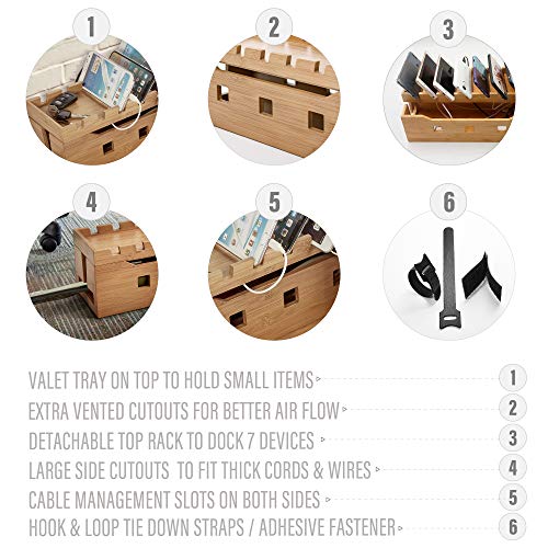 Prosumer's Choice Natural Bamboo Power Cable Management Cord Box with 7 Device Rack - Thumbnail 3