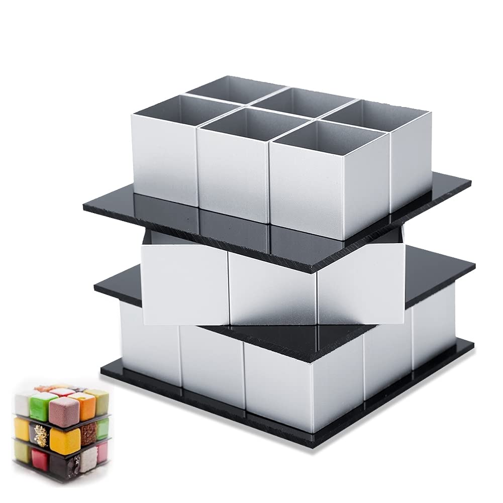 TOPINCN DIY Cake Mold, 3-Layer 25 Small Squares Mini Cube Baking Molds 3D Rotate Magic Cube Aluminum Alloy Mould Mousse Chocolate Dessert Baking Tool Silver