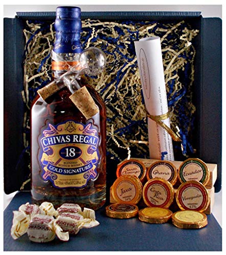 Geschenk Chivas Regal 18 Jahre scotch Whisky + Glaskugelportionierer + Edelschokolade + Fudge