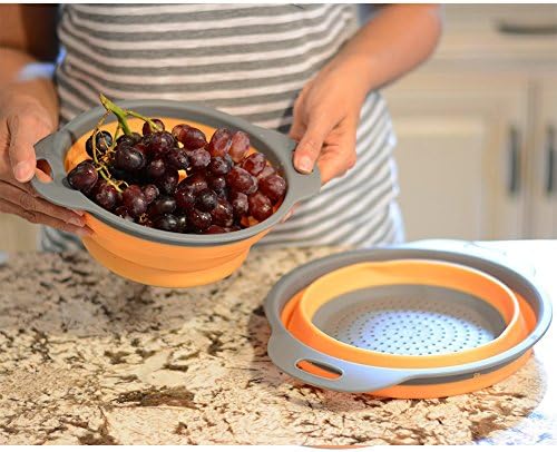 2 Pack Folding Collapsible Colanders Set with Handles, Food Grade Silicone Kitchen Strainer Set, Includes 2 Sizes 8 and 9.5 inch, BPA Free, Space Save, Dishwasher Safe