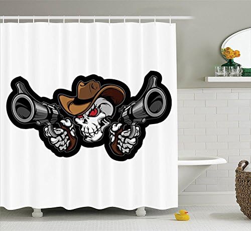 Mirryderr Skulls Decorations Shower Curtain Set, Skull Cowboy Targets Shooting with the Guns Wild West Scary Illustration Art, Bathroom Accessories, Brown White Grey