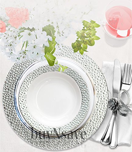 buyNsave Clear with Silver Heavyweight Plastic Elegant Disposable Plates, Wedding Party Elegant Dinnerware, Hammered Collection (40, 10.25" Dinner Plates) - Thumbnail 2