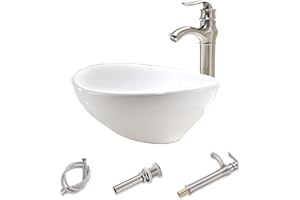 16" Oval Bathroom Vessel Sink and Faucet Combo -HLBLFY 16"x13" Above Counter White Ceramic Porcelain Bathroom Vessel Sink,with Brushed Nickel Single Lever Faucet Matching Pop Up Drain Combo