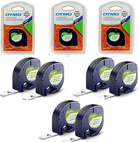 Dymo 10697 Self Adhesive White Paper Labeling Tape for LetraTag(LT) Label Makers; 1/2" Wide x 13ft Long, Black on White, Refill Rolls 3 BLISTER PACKS WITH 2 REFILLS PER PACK 6 REFILLS TOTAL