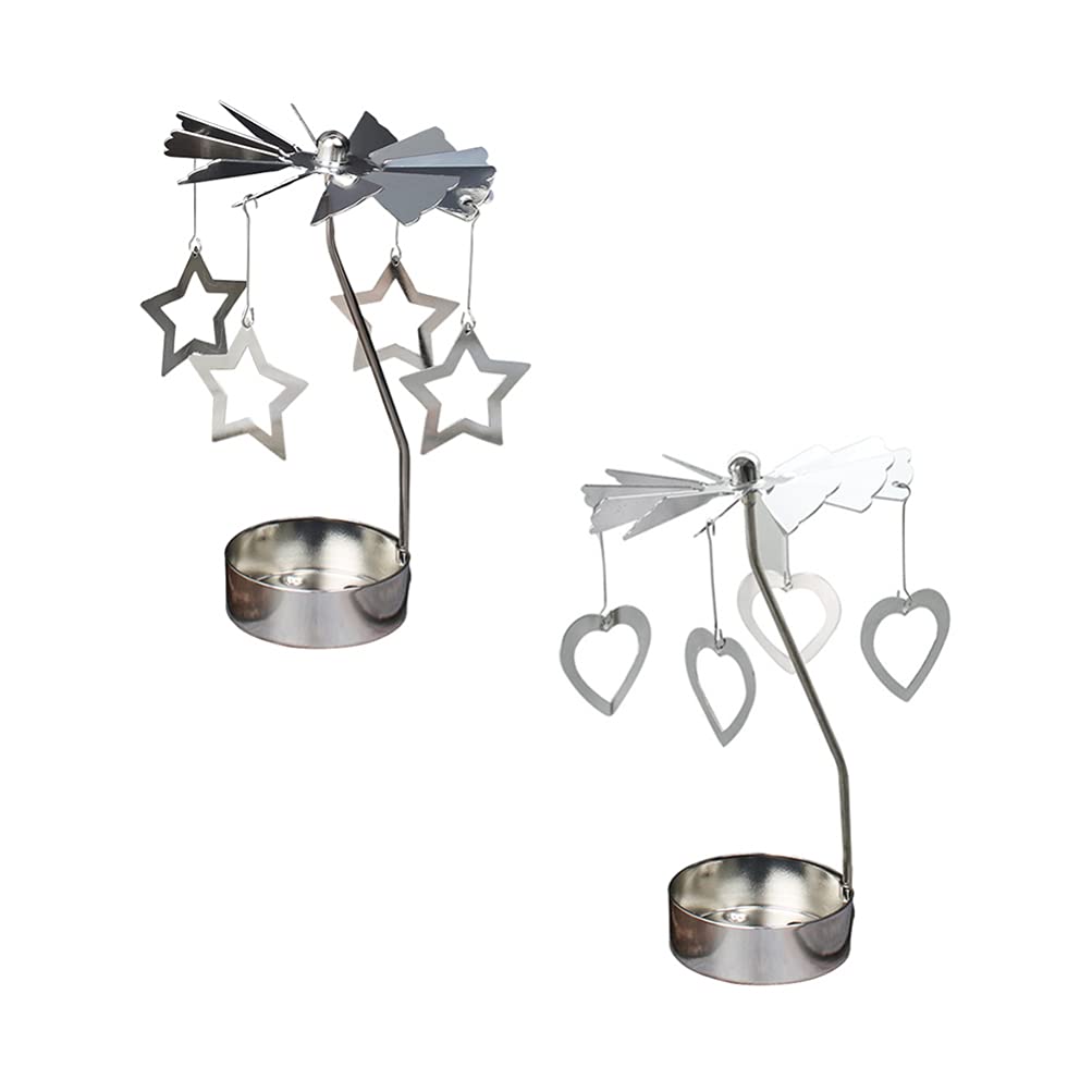 FRCOLOR 2pcs Spinning Candle Holder Carousel Candle Holder Christmas Rotary Tealight Metal Rotating Candlestick with Star Heart Ornament Holiday Fireplace Home Decor