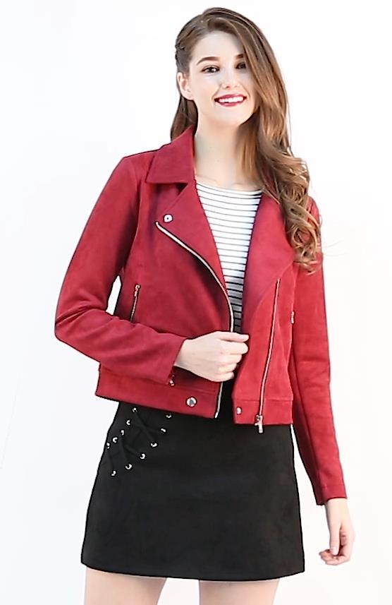 Allegra K Women's Short Soft Zip Up Faux Suede Biker Moto
