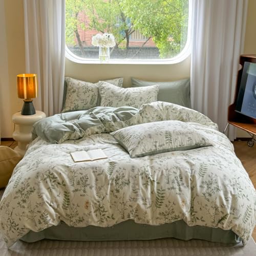 Freyamy Bettwäsche 200x220 Baumwolle Grün Pflanzen Blumen Bettwäsche Set