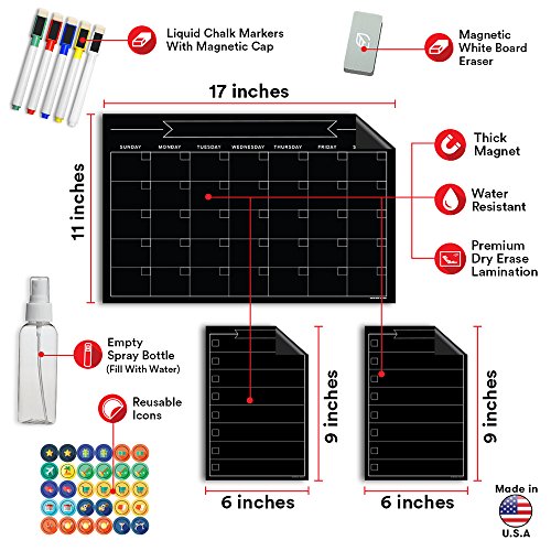 Magnetic Dry Erase Refrigerator Calendar - 17" x 11" - Large Reusable Monthly Chalkboard - Weekly Meal Cooking Fridge Chart & To Do Grocery List - 2018 Kitchen Gift Set - Smart Planners Chore Chart